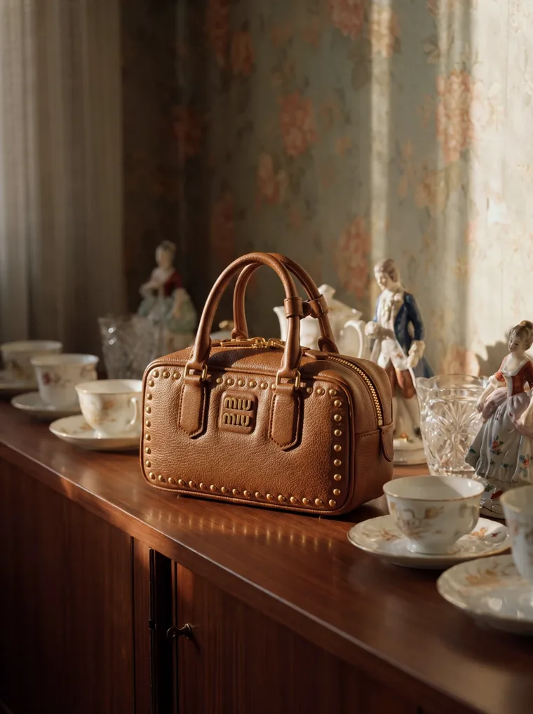 Hnědá kožená kabelka se zlatými cvočky na dřevěné komodě mezi porcelánovými šálky, křišťálem a figurkami.